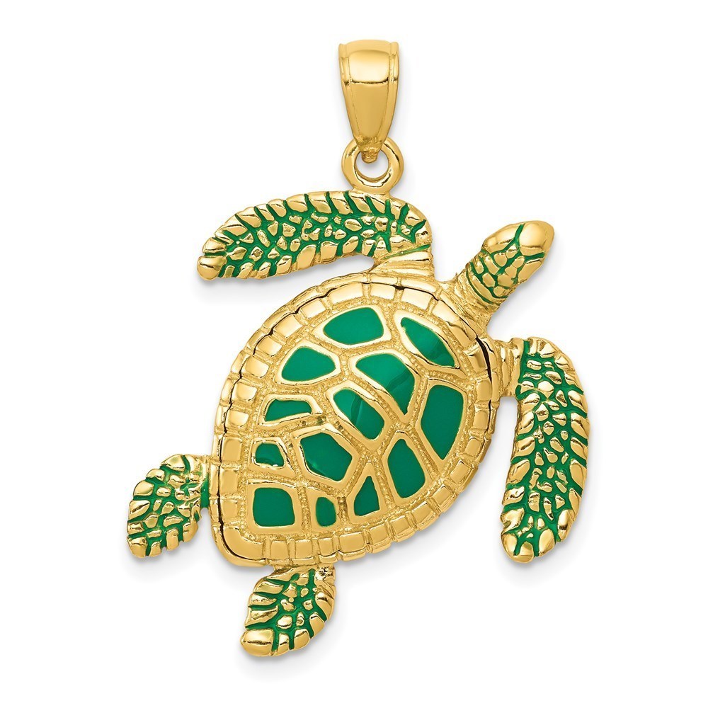 14k Yellow Gold 3-D Enameled Sea Turtle Necklace Charm Pendant